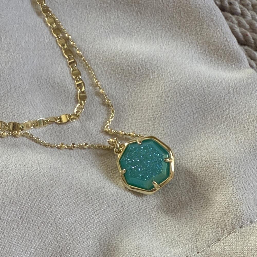 Kendra Scott Cynthia Bright Aqua Drusy Stone Layered Gold Tone Necklace - Picture 6 of 8